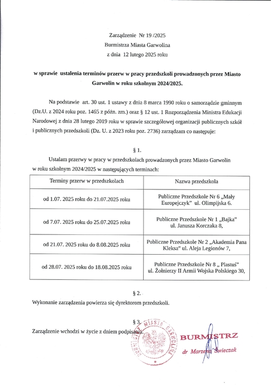 PRZERWA WAKACYJNA 2025 W PRZEDSZKOLACH W GARWOLINIE